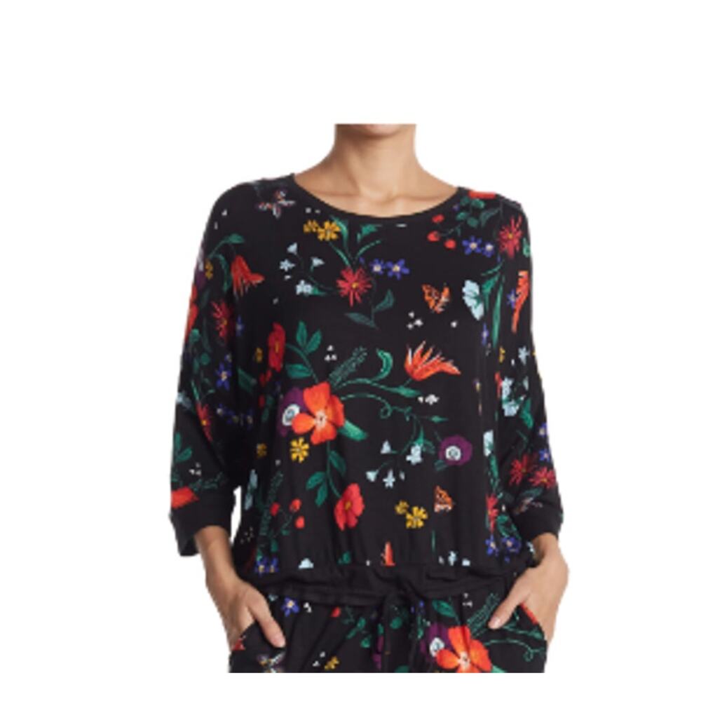 Room Service 3/5 sleeve jersey pajama top black floral waist tie S